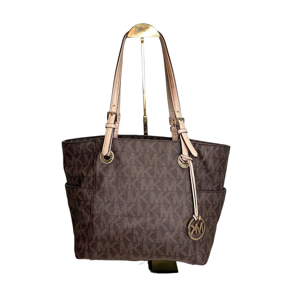 Michael Kors Jet Set MK Brown leather logo Large tote Shoulder Bag